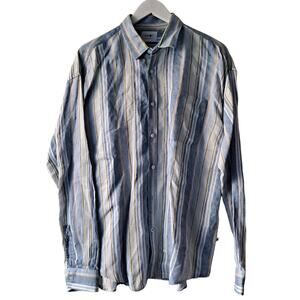 NNO7 No Nationality Blue Green & Beige Stripe Linen Button Down Shirts - Size L